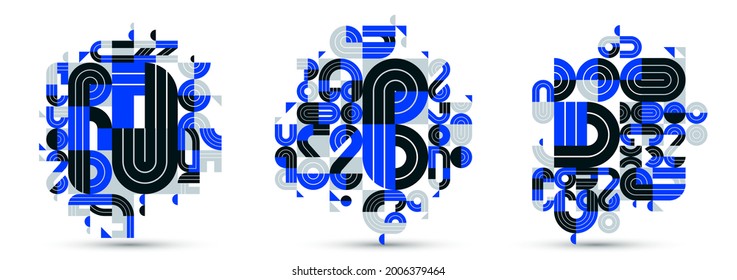 Abstract modern vector trendy designs set, blue geometric shapes stylish compositions, modular pattern artistic illustrations, typography letters elements used.