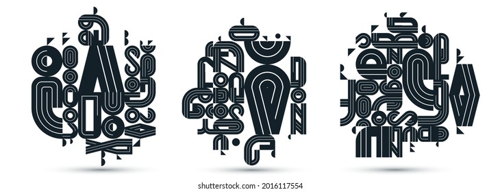 Abstrakter moderner Vektordesign-Satz, geometrische Formen stylische Kompositionen, Schwarz-Weiß-Muster künstlerische Illustrationen, verwendete Schriftbuchstaben Elemente.