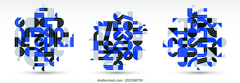 Abstract modern vector trendy designs set, blue geometric shapes stylish compositions, modular pattern artistic illustrations, typography letters elements used.