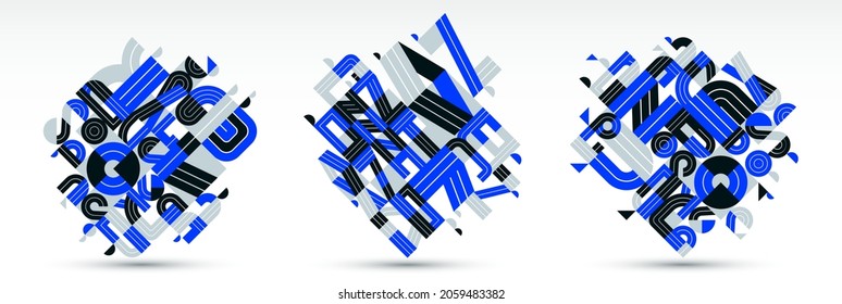 Abstrakter moderner Vektordesign-Satz, blau geometrische Formen stylische Kompositionen, modulare Muster künstlerische Illustrationen, verwendete Schriftbuchstaben Elemente.