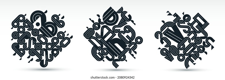 Abstract modern vector trendy designs set, geometric shapes stylish compositions, black and white modular pattern artistic illustrations, typography letters elements used.