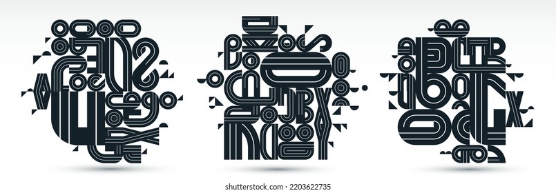 Abstract modern vector trendy designs set, geometric shapes stylish compositions, black and white modular pattern artistic illustrations, typography letters elements used.