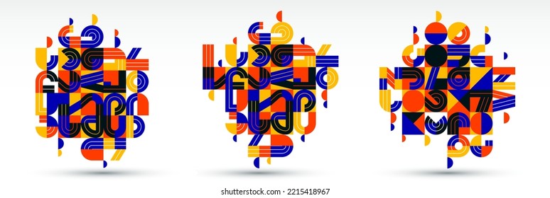Abstract modern vector trendy designs set, geometric shapes stylish composition, modular pattern artistic illustrations, typography letters elements used.