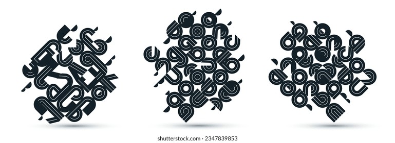 Abstract modern vector trendy designs set, geometric shapes stylish compositions, black and white modular pattern artistic illustrations, typography letters elements used.