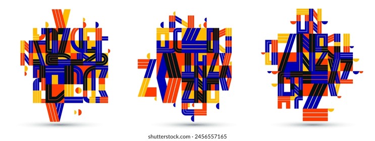 Abstractas moderno conjunto de diseños de moda de Vector, Formas geométricas composición elegante, ilustraciones artísticas de patrón modular, letras de tipografía Elementos utilizados.