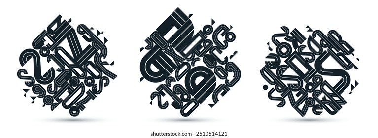 Abstract modern vector trendy designs set, geometric shapes stylish compositions, black and white modular pattern artistic illustrations, typography letters elements used.