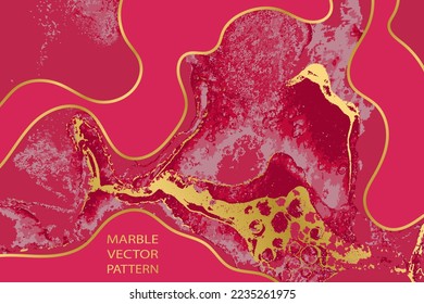 Abstract Modern Viva Magenta Vector Marble Background with Gold Waves.