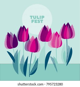 Abstract modern vivid floral motif for surface design. Cool spring pattern with geometric decorative violet and purple tulip flowers, design elements.