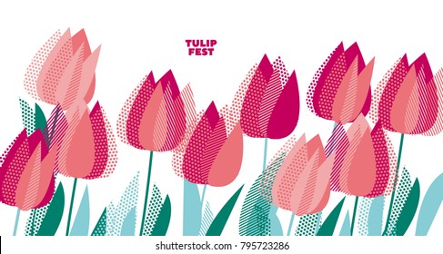 Abstract modern vivid floral motif for surface design. Cool spring pattern with geometric decorative pink tulip flowers, design elements.