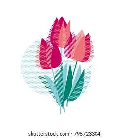 Motivo floral vívido y abstracto para el diseño de la superficie. Tapa de resorte frío con flores geométricas decorativas de tulipán rosado, elementos de diseño.