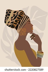 Resumen de arte mural moderno de mujeres africanas con accesorios étnicos y turbante con huella animal en un estilo minimalista a la moda. Ilustración vectorial de moda para afiches, impresiones, portada, tarjeta, logotipo, etc.