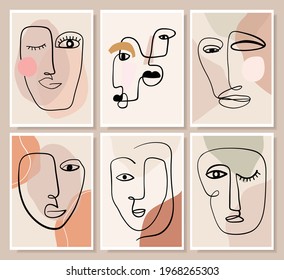Resumen de la colección de arte mural moderno con diversos rostros, retratos, arte de línea moderna, formas de doodle, diseño contemporáneo
