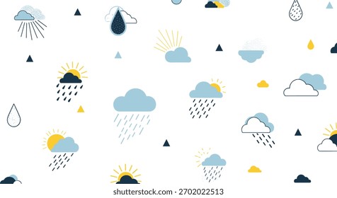 Abstract and modern weather pattern featuring clouds, sun, and rain in a charming flat design style.