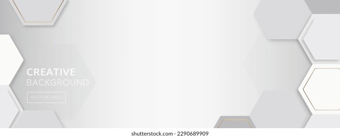 Abstract modern white gray gradient banner background with copy space for text in the middle and hexagon shapes at border