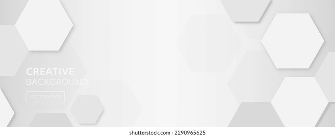 Abstract modern white gray gradient banner background with copy space for text in the middle and hexagon shapes at border