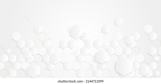 Resumen del fondo moderno de forma hexagonal blanca con elementos hexagonales de la línea dorada. Diseño gráfico blanco de lujo. Traje para banner, afiche, portada, folleto, presentación. Ilustración del vector