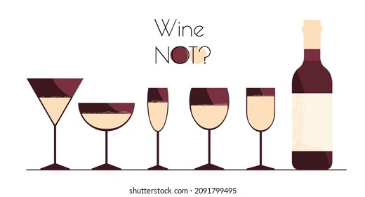 Abstract modern wine bottle and cocktail glasses. Alcohol beverage background for wine tasting, festival, promotion, menu. Vector flat illustration isolated on white
