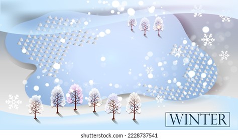 Resumen del fondo de invierno moderno con árboles cubiertos de nieve y nieve en tonos azules
