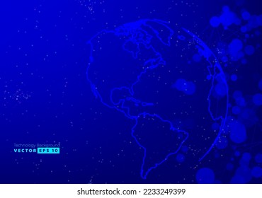 Abstract modern world map and digital flow line technology, smooth particle wave, big data techno, design concept background and wallpaper, Landing Website page, vector eps.