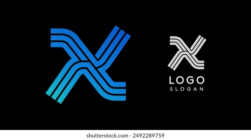 Abstractas logo X moderno con rayas azul degradado. Diseño elegante y geométrico ideal para empresas tecnológicas, startups, branding corporativo. Emblema minimalista de Profesional. Ilustración vectorial