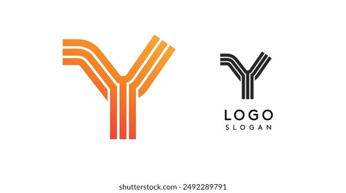 Abstract modern Y letter logo. Gradient orange and black lines creating sleek, minimalistic design for corporate branding, identity, tech companies. Stylish, versatile emblem. Vector illustration