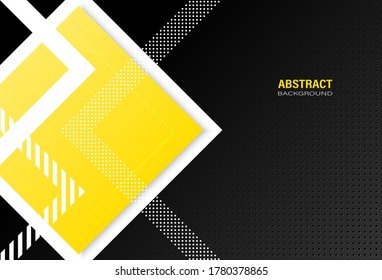Resumen plantilla geométrica moderna amarilla con composición de formas cuadradas y patrón de puntos sobre fondo de textura oscura. Diseño con espacio de copia para texto. Ilustración vectorial.