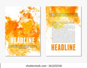 Abstract modern yellow and orange color backgrounds with watercolor paint splash. Back and front flyer. Bright cover design template layout for corporate business booklet, brochure, poster. Vector