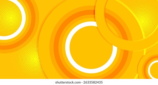 Abstract modern yellow and orange gradient circles layers background with halftone dots decoration and shadow. Modern 3d style circle layer vector.