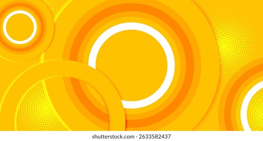 Abstractas moderno amarillo y naranja gradiente círculos capas de fondo con decoración de puntos de medio tono y sombra. Vector de capa circular de estilo 3d moderno.