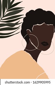 Abstract modern young african american black woman with earrings portrait silhouette. Fashion minimal trendy people face in paper cut mosaic flat style. Trendy poster. Vector hand drawn illustration