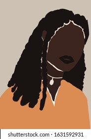 Abstract modern young african american black woman portrait silhouette. Fashion minimal trendy people face in paper cut mosaic flat style. Trendy minimal poster print. Vector hand drawn illustration