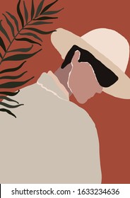 Abstract modern young man with hat portrait silhouette. Fashion minimal trendy people face in paper cut mosaic flat style. Trendy art minimal poster print. Vector hand drawn illustration