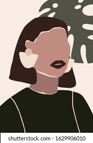 Abstract modern young woman with earrings portrait silhouette. Fashion minimal trendy people face in paper cut mosaic flat style. Trendy art minimal poster print. Vector hand drawn illustration