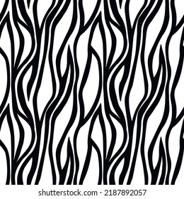 Resumen de diseño moderno de cebra sin fisuras. Los animales están de moda. Ilustración de material vectorial decorativo blanco y negro para impresión, tarjeta postal, tela, textil. Ornamento moderno de piel estilizada.
