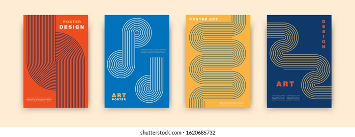 Abstract modernism graphic poster design. Vintage colorful vector covers set swiss memphis style. Retro geometric art compositions for journal, books, posters, flyers, magazines