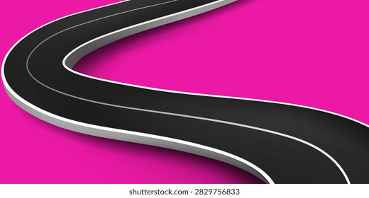 Abstract modren 3D winding black road vector illustration on a vibrant pink background for business roadmap.