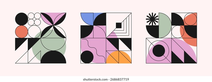 Abstract modular pattern designs.Bold geometric compositions with simple shapes and forms.Trendy swiss aesthetic.Brutalist inspired graphics for digital prints,branding,packaging,web,posters,emblems.