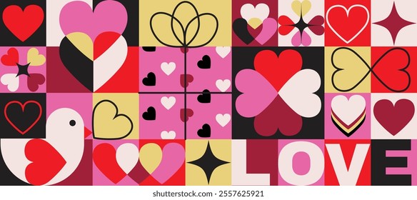  Abstract modular vector illustration featuring hearts, a dove, and retro-inspired love elements in vibrant red, pink, and yellow tones. Perfect for romantic, Valentine's, and decorative design themes