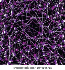 Abstract molecular background. Mesh of lines and points in purple color on black background. Vector illustration eps10.