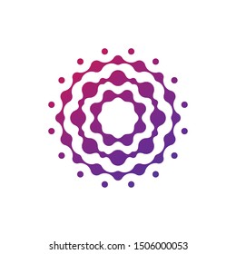 Abstract molecular circle logotype. Connected dots chemistry logo. Virus Sun or Flower icon. Stock vector illustration isolated on white background.