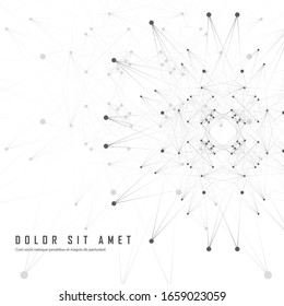 Compuesto molecular abstracto de color gris con puntos y líneas a la derecha. La medicina química y el concepto científico de ilustración vectorial