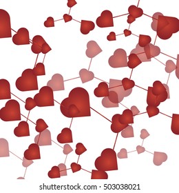 Abstract molecular grid background made of small connected red heart shapes. Vector illustration