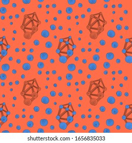 Abstract molecular grid on orange backdrop. Black line symbols seamless pattern for phone case, wallpaper, textile linen, bath tile, book cover. Bag, t-shirt, hoody print. Stock vector illustration