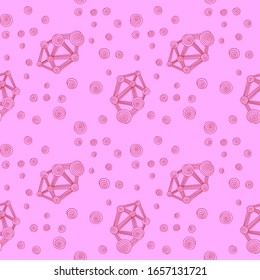 Abstract molecular grid on pink backdrop. Red line whorl symbols seamless pattern for phone case, wallpaper, bed linen, bath tile, book cover. Bag, t-shirt or hoody print. Stock vector illustration