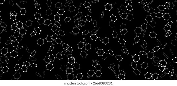 Abstract molecular hexagonal structure for scientific background. Flying dynamic white hexagons connected by dots for medical research presentation or biotech design. Vector illustration.