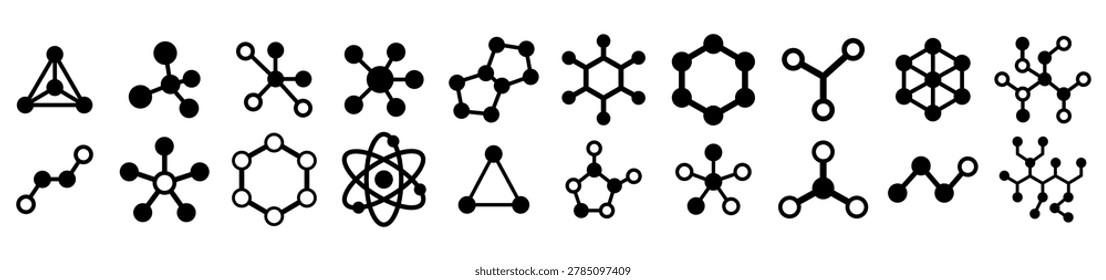 Abstract molecular icons set. Science technology geometric symbols collection. Minimal black vector network shapes isolated on light background