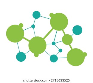 Ilustración de red molecular Abstractas con nodos y Enlaces conectados en colores verde y azul. Concepto de ciencia, química, biotecnología, conexión de datos, innovación y tecnología moderna. Estilo de Vector plano limpio adecuado para infografías, presentaciones y fondos digitales.