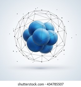 Abstract molecular structure with blue particles and wireframe mesh. Vector illustration. Scientific nanotechnology background.