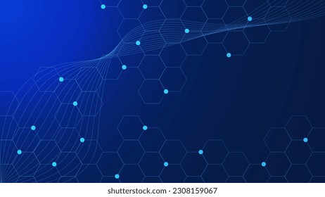 Abstract molecular structure and genetic engineering for health care and medicine background. Hexagonal shapes with particle and wave flow. Science and technology concept. Vector illustration.