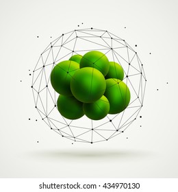 Abstract molecular structure with green particles group and wireframe mesh. Vector illustration. Scientific background.